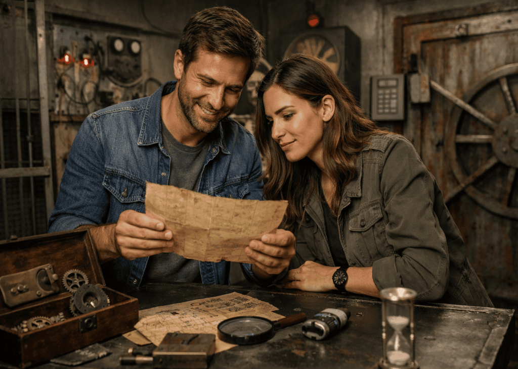 pareja-que-mira-un-mapa-durante-una-partida-de-escape-room