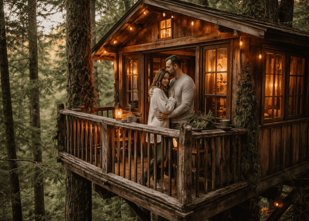 pareja-que-se-abraza-en-la-terraza-de-una-cabana-en-los-arboles-iluminada-por-guirnaldas