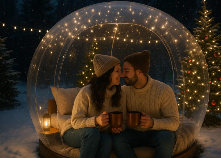 pareja-que-se-besa-afuera-delante-de-una-burbuja-transparente-con-guirnaldas-luminosas-y-un-árbol