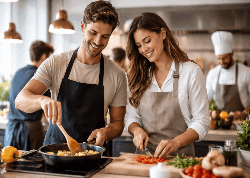 pareja-que-sonrie-cocinando-durante-una-clase-de-cocina-con-un-chef-y-otras-personas