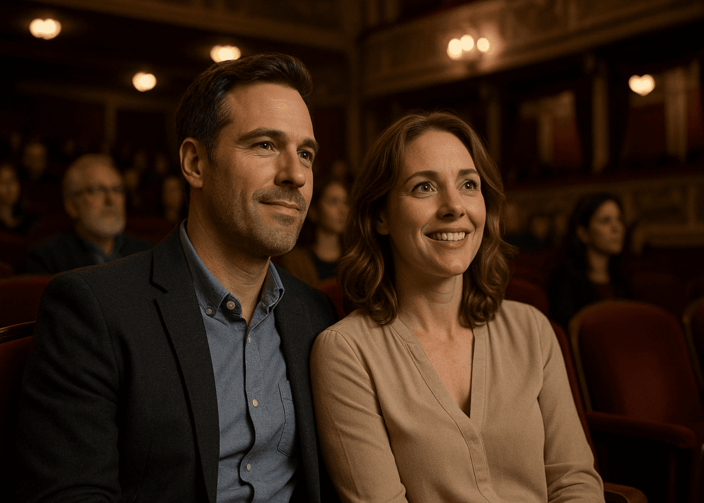 Pareja sonriendo en el teatro - idea de regalo cultural para padres curiosos