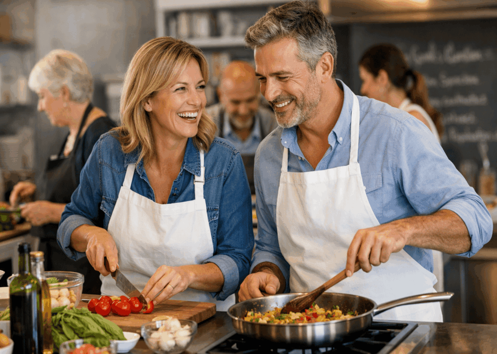 pareja-sonriente-que-toma-una-clase-de-cocina-con-otras-personas