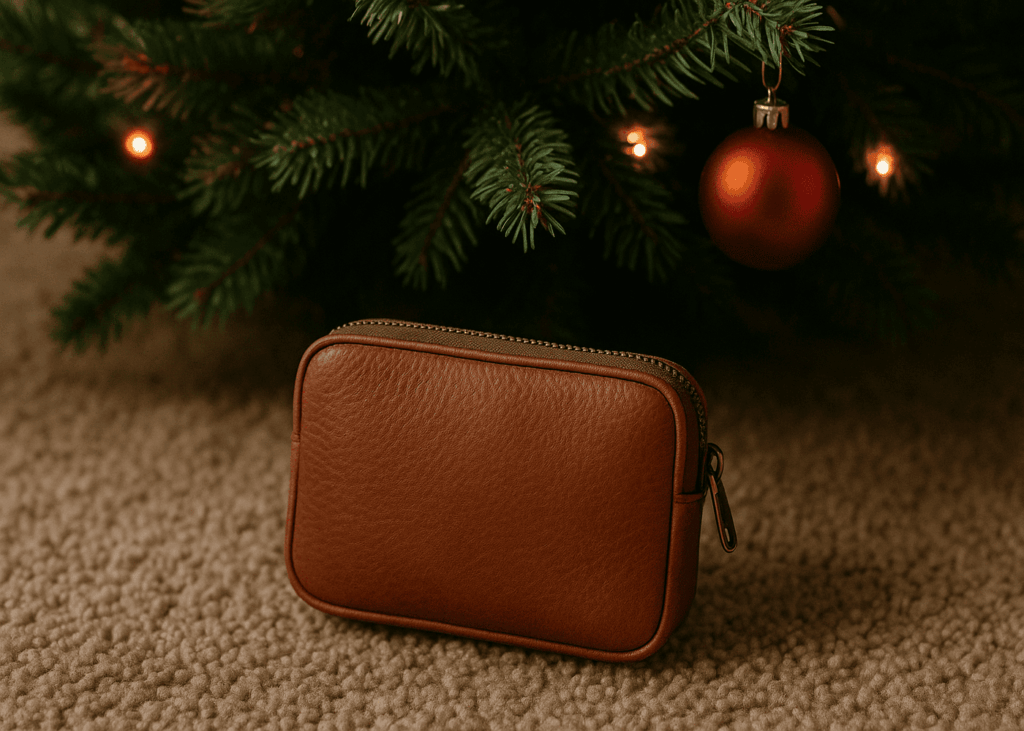 pequeno-estuche-de-cuero-al-pie-de-un-arbol-de-navidad