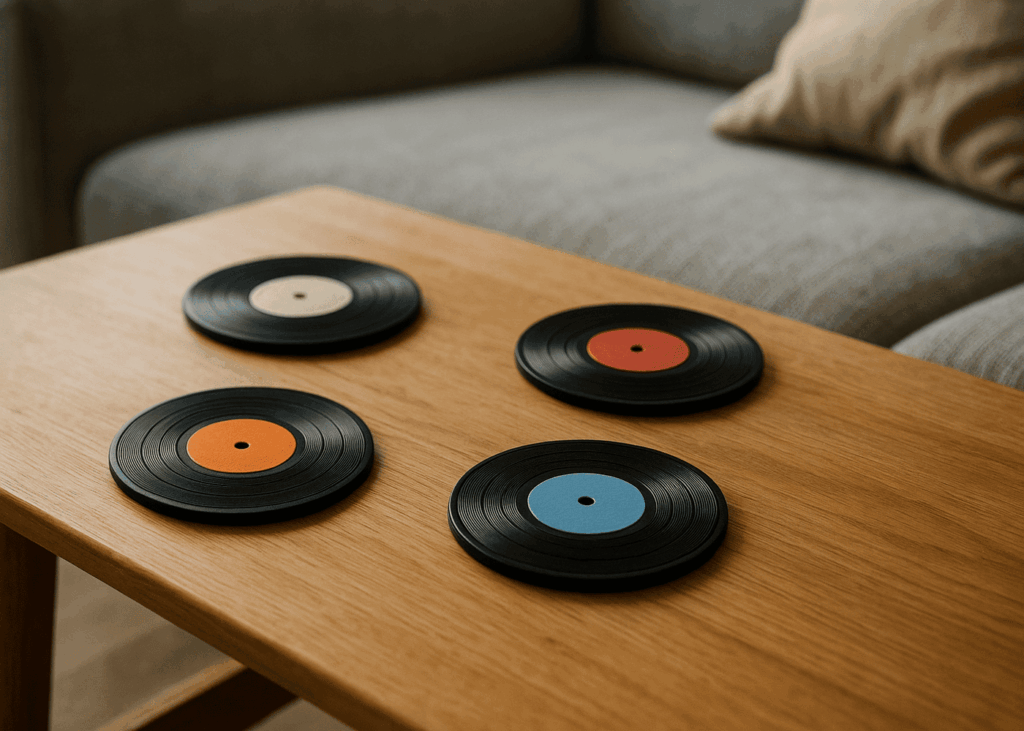 posavasos-en-forma-de-vinilo-colocados-sobre-una-mesa-de-salon-de-madera