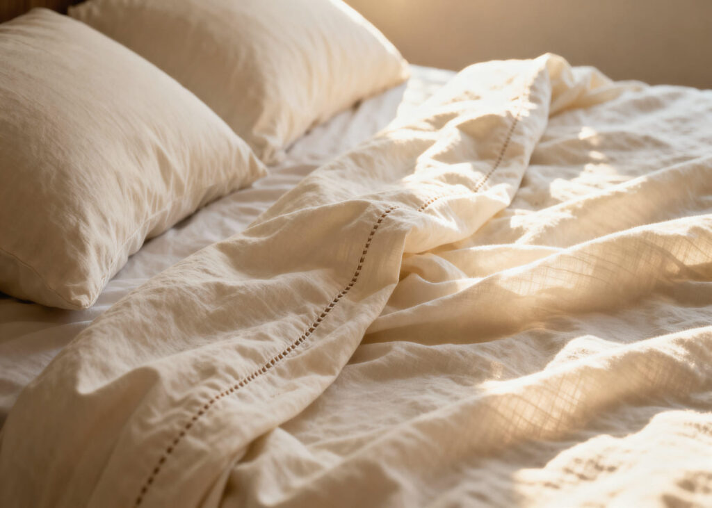 primer-plano-de-una-cama-con-sabanas-de-lino-beige