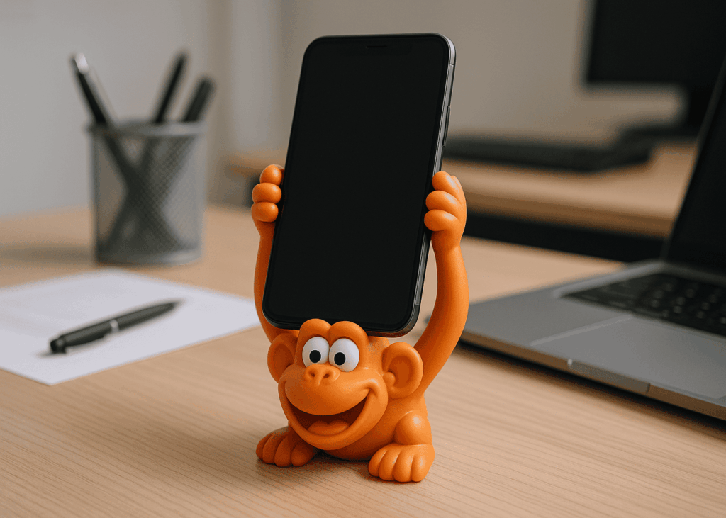 soporte-de-telefono-en-forma-de-mono-naranja-sobre-un-escritorio