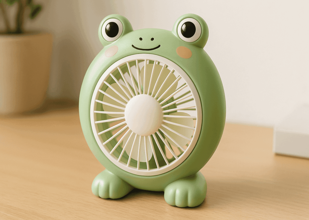 ventilador-de-escritorio-en-forma-de-rana-sobre-una-mesa-de-madera