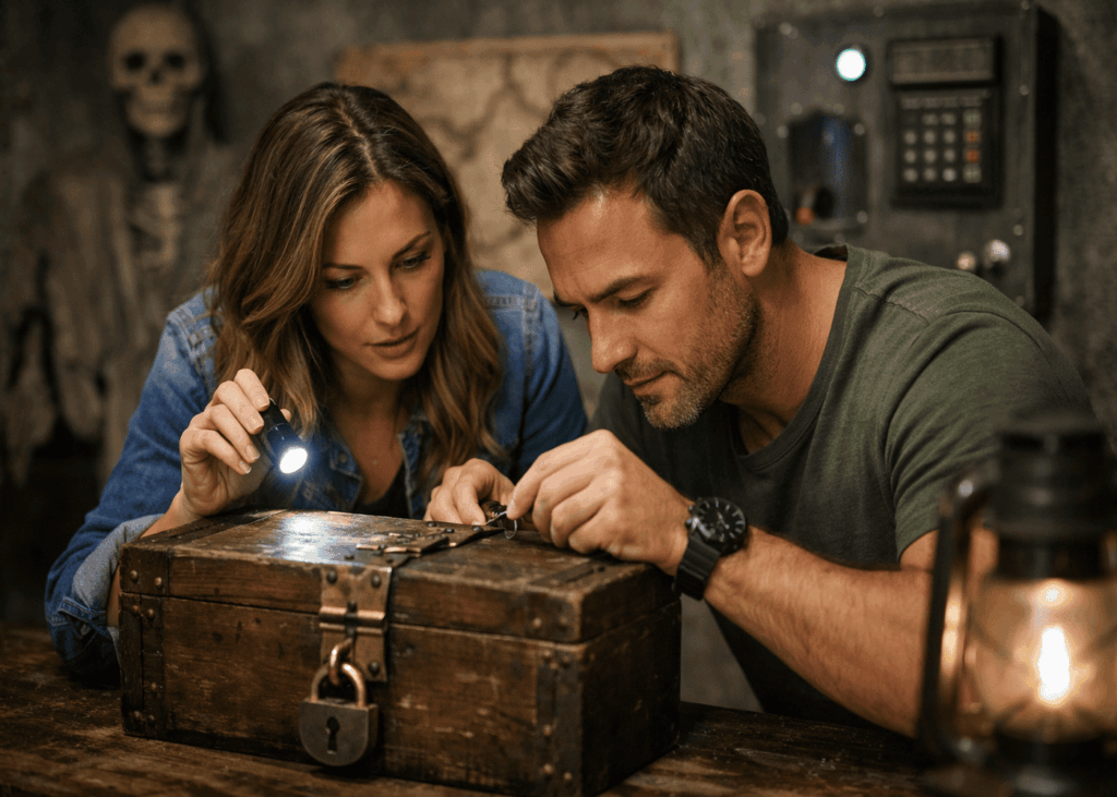 couple-que-intenta-abrir-una-caja-fuerte-durante-un-escape-room