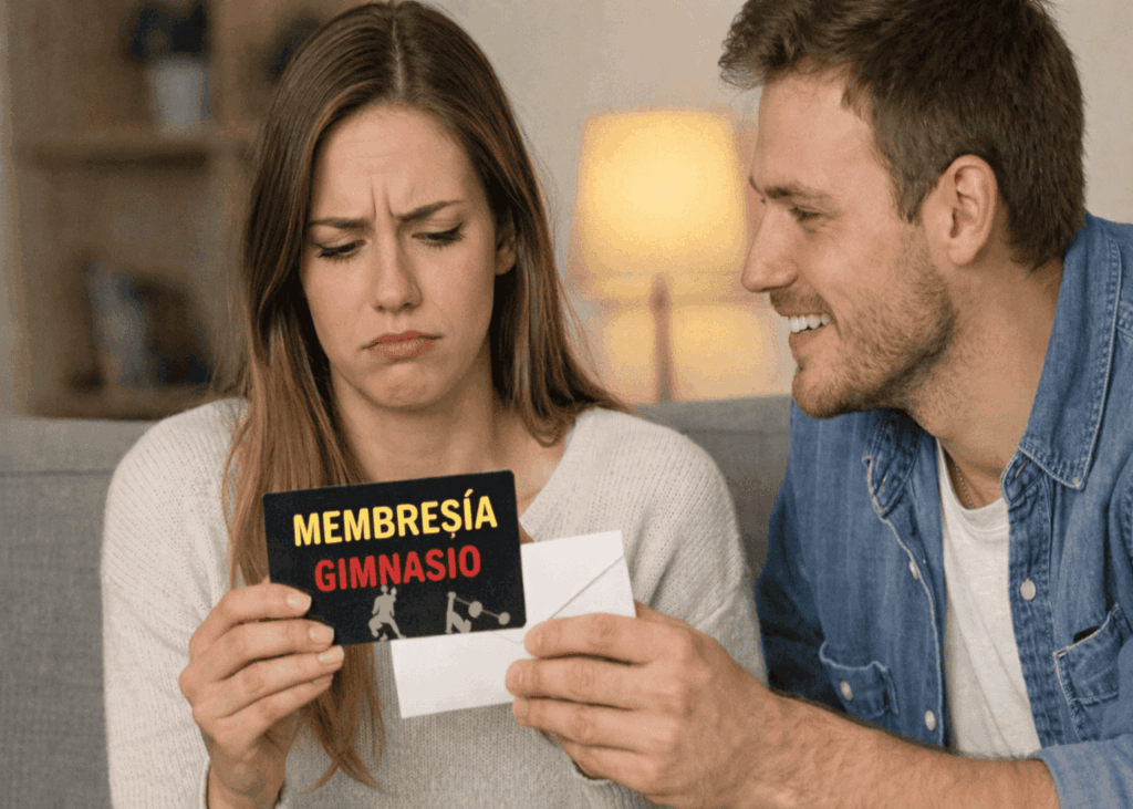 mujer-decepcionada-recibiendo-una-tarjeta-de-suscripcion-al-gimnasio-de-parte-de-su-novio
