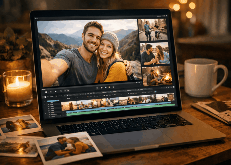 ordinateur-con-la-pantalla-mostrando-un-montaje-de-video-de-momentos-de-una-pareja-sobre-una-mesa