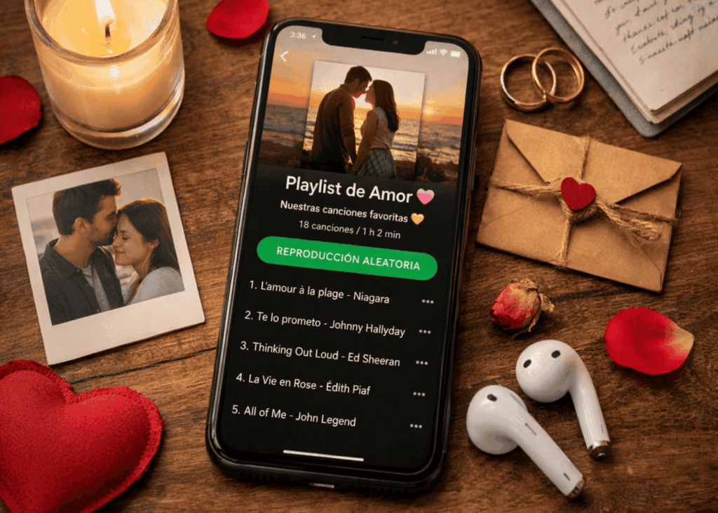telefono-colocado-sobre-una-mesa-mostrando-una-playlist-de-pareja-rodeado-de-polaroids-petalos-cartas-airpods-y-alianzas
