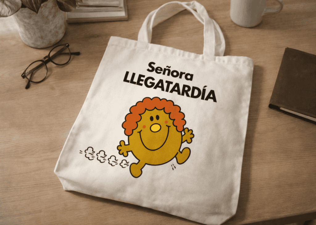 tote-bag-blanco-personalizado-con-mademoiselle-en-retard-encima-colocado-sobre-una-mesa
